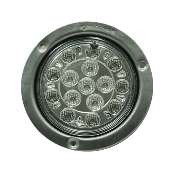 Lampara led de 4" cristal lente liso con base reflectiva aro en acero inoxidable multivoltaje.